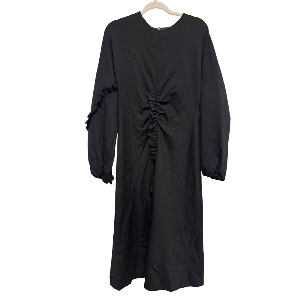 Tibi Black Ruched Open Back Midi Dress Ruffle Sleeve TP217BSK15145 Size 10